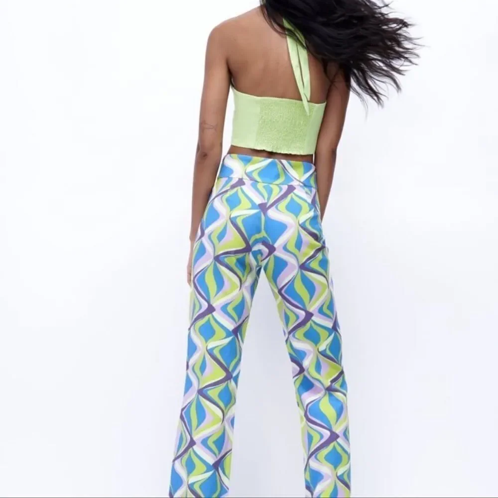 Zara linen blend printed flared pants NWT